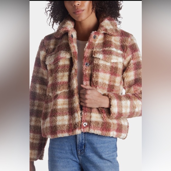 💖 Avec Les Filles Jackets &Coats: Plaid Faux Shearling Trucker Shacket size S - Picture 3 of 7